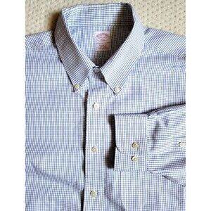 BROOKS BROTHERS Dress Shirt 17.5 4/5 346 White Blue Grid Check Non Iron Cotton